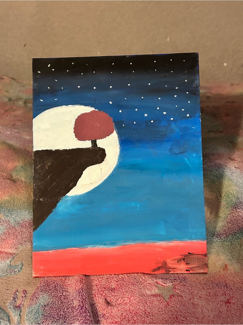 Midnight Cliff Canvas Painting with Blue Sky and Red Tree